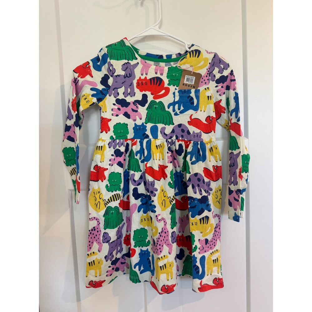 Mini Boden Girls Rainbow Pets Long Sleeve Jersey Dress Multi Oatmeal NWT